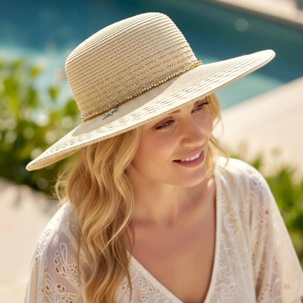 Starfish Charm Sequin band Wide Brim Straw Sun Hat: Tan