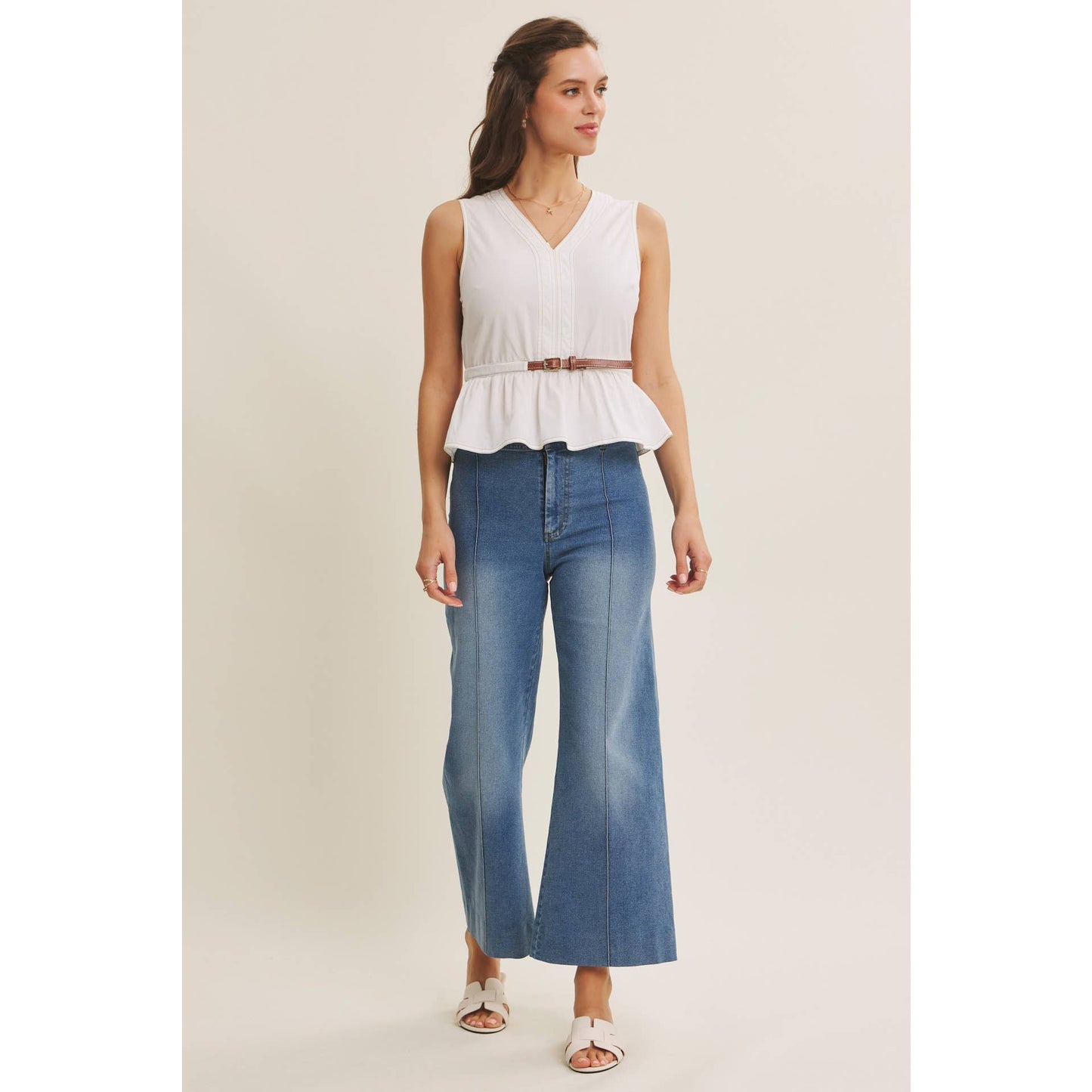 CLASSIC WORKWEAR BELTED COTTON TOP WITH CONTRAST STITCH: OFF WHITE / S