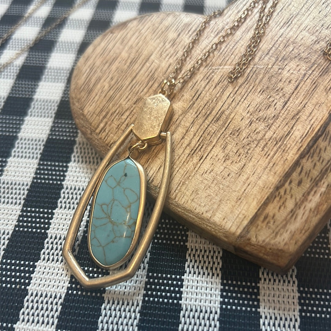 Geometric Turquoise Stone Pendant Long Necklace