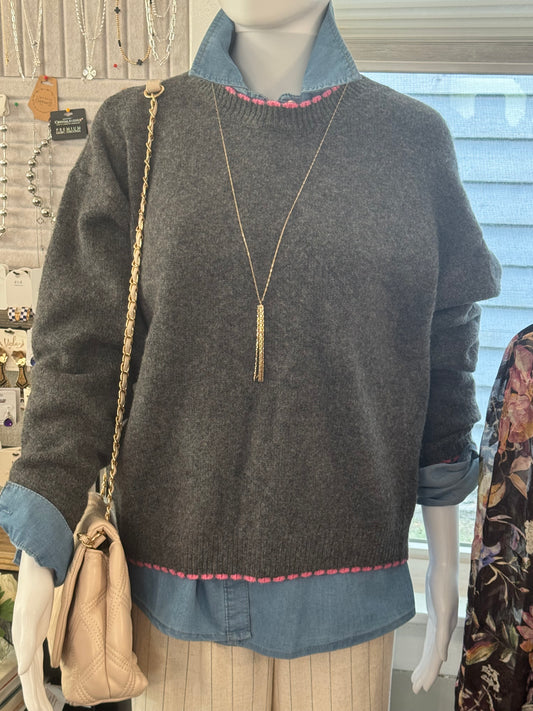 Charcoal & Pink Trim Soft Sweater