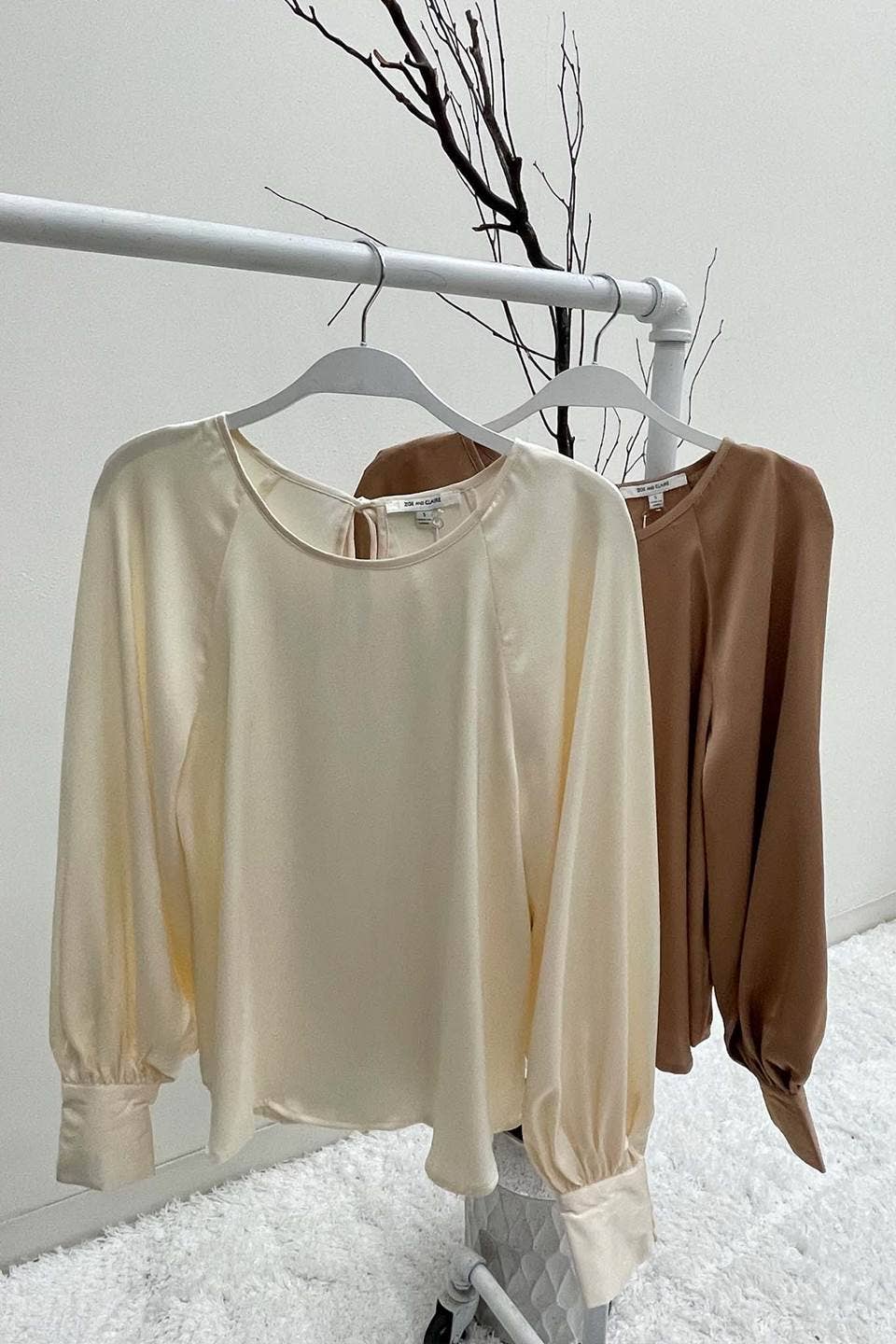 Khaki Satin Round Neck Long Sleeve Top