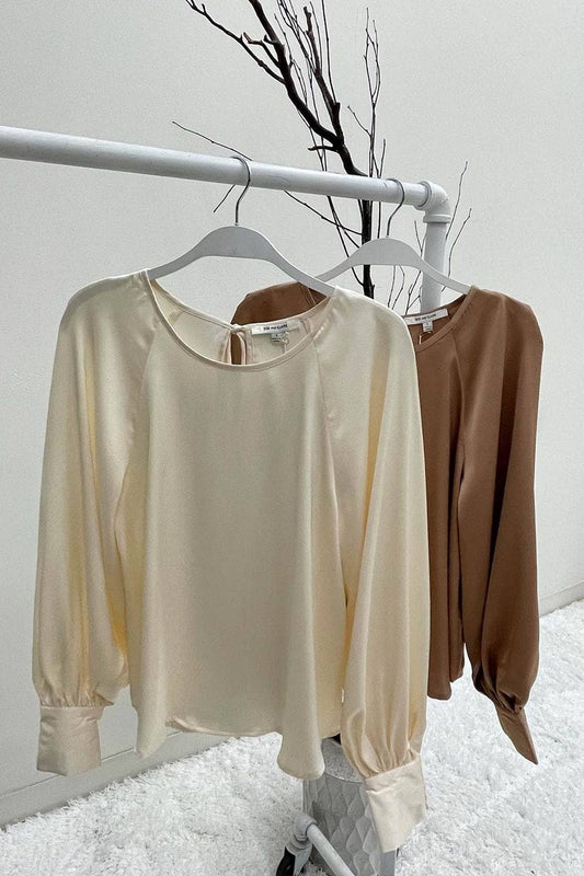 Khaki Satin Round Neck Long Sleeve Top