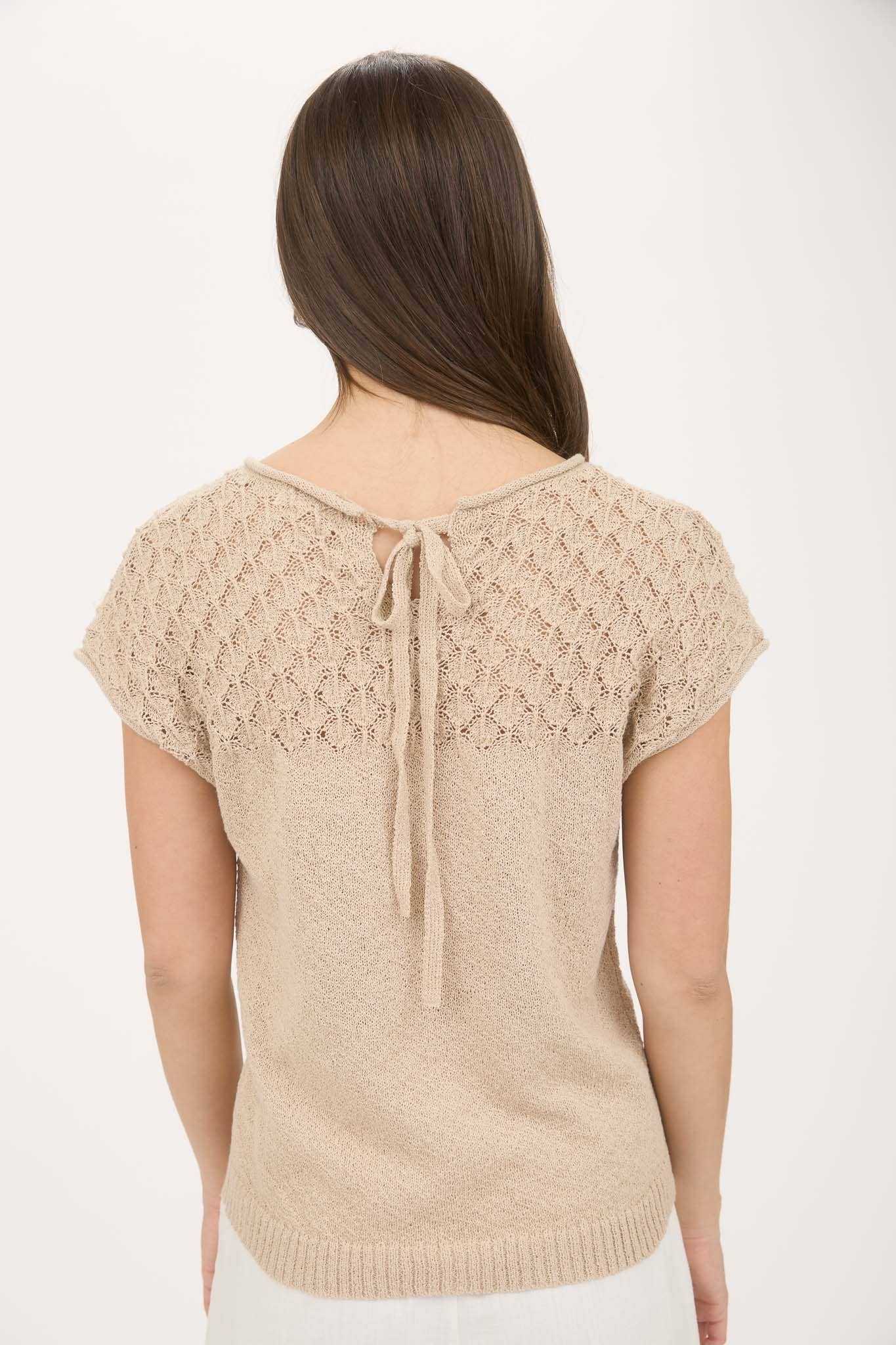 Light Khaki Eyelet Yoke Short Sleeve Sweater