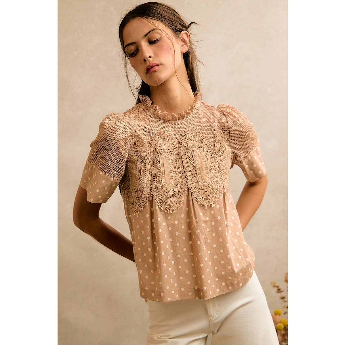 Beige Polka Dot Lace Trim Cotton Blouse