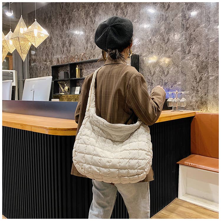 Quilted Zipper Large Shoulder Bag: Light French Beige