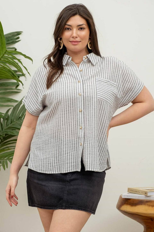 Black Striped Linen Collared Short Sleeve Top-Plus Size