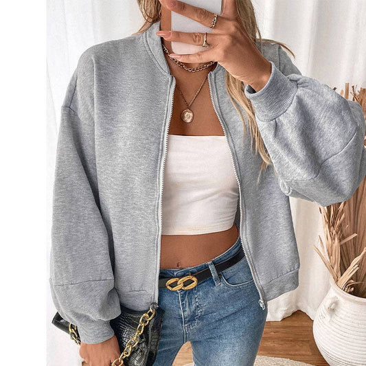 Light Gray Short Cardigan Zipper Sweater Jacket