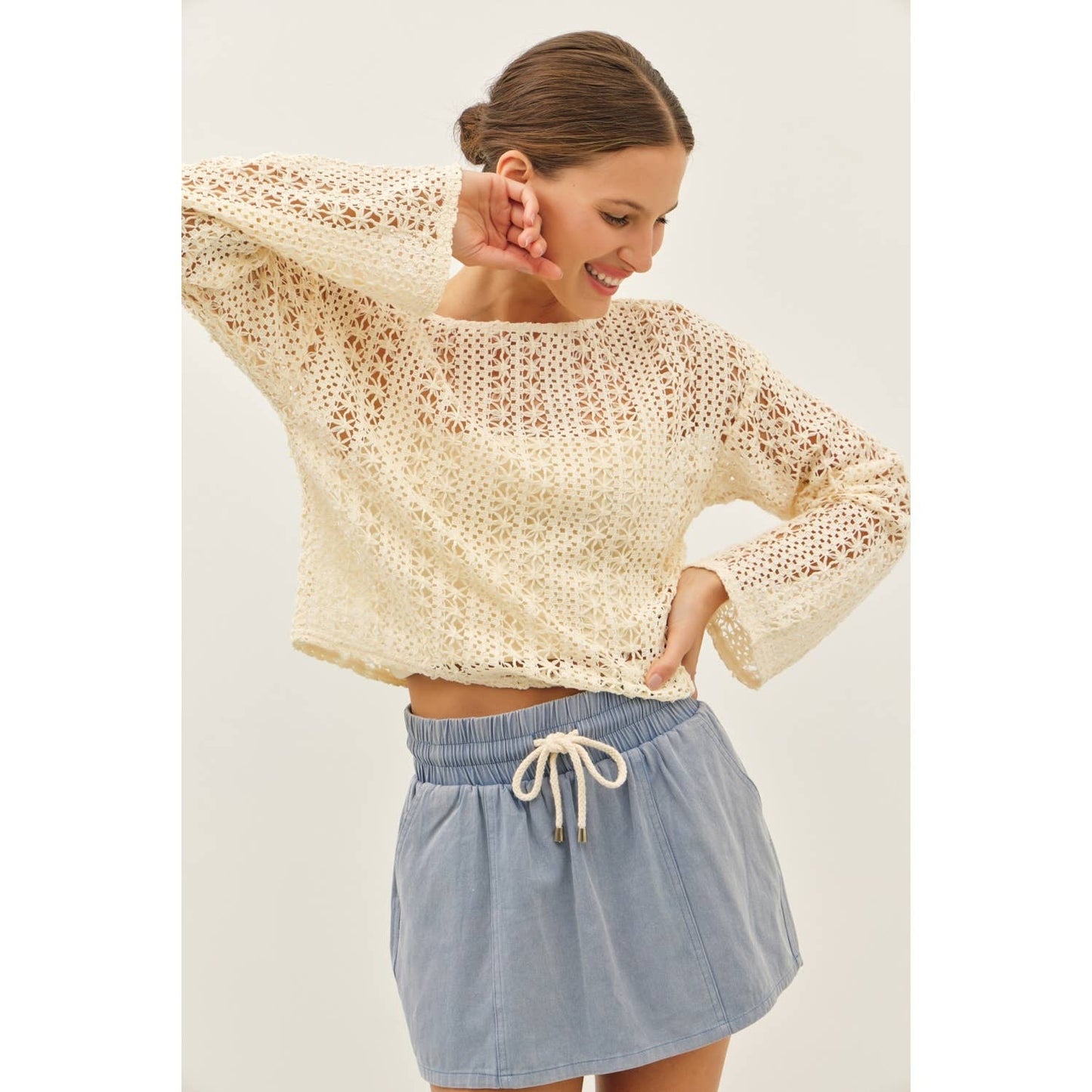 Cream Sheer Floral Crochet Top With Bell Sleeves
