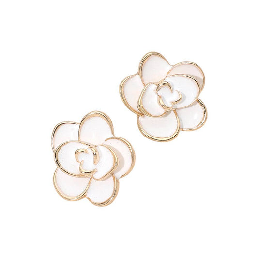 Camellia Flower Stud Earrings: Gold,White