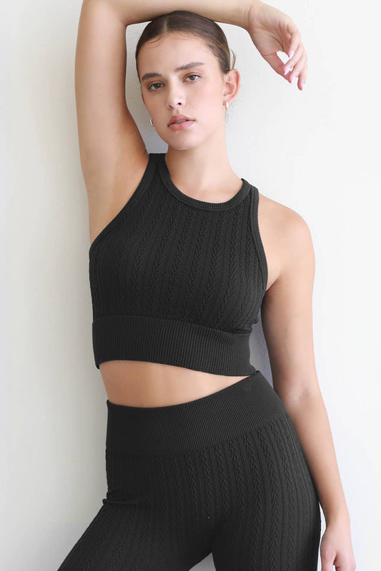 NikiBiki  Cable Knit Highneck Crop Top: Black