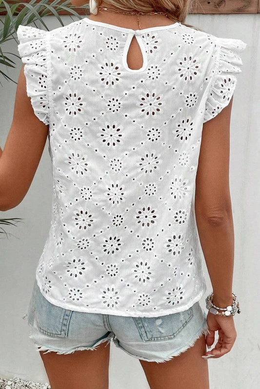 SALE White Eyelet Embroidered Ruffled Flutter Sleeve Blouse