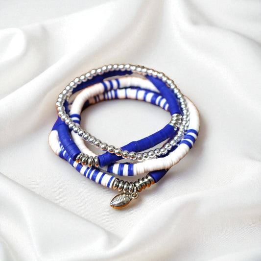 Royal Blue and White Game Day Bracelet Stack: Medium (7 inch) / Football