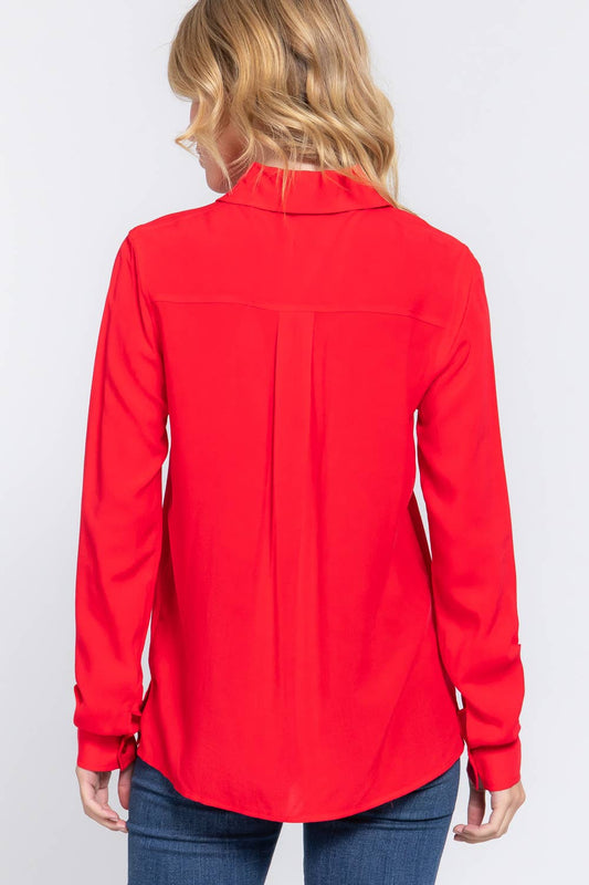 Red Long Sleeve Front Pocket Woven Shirt