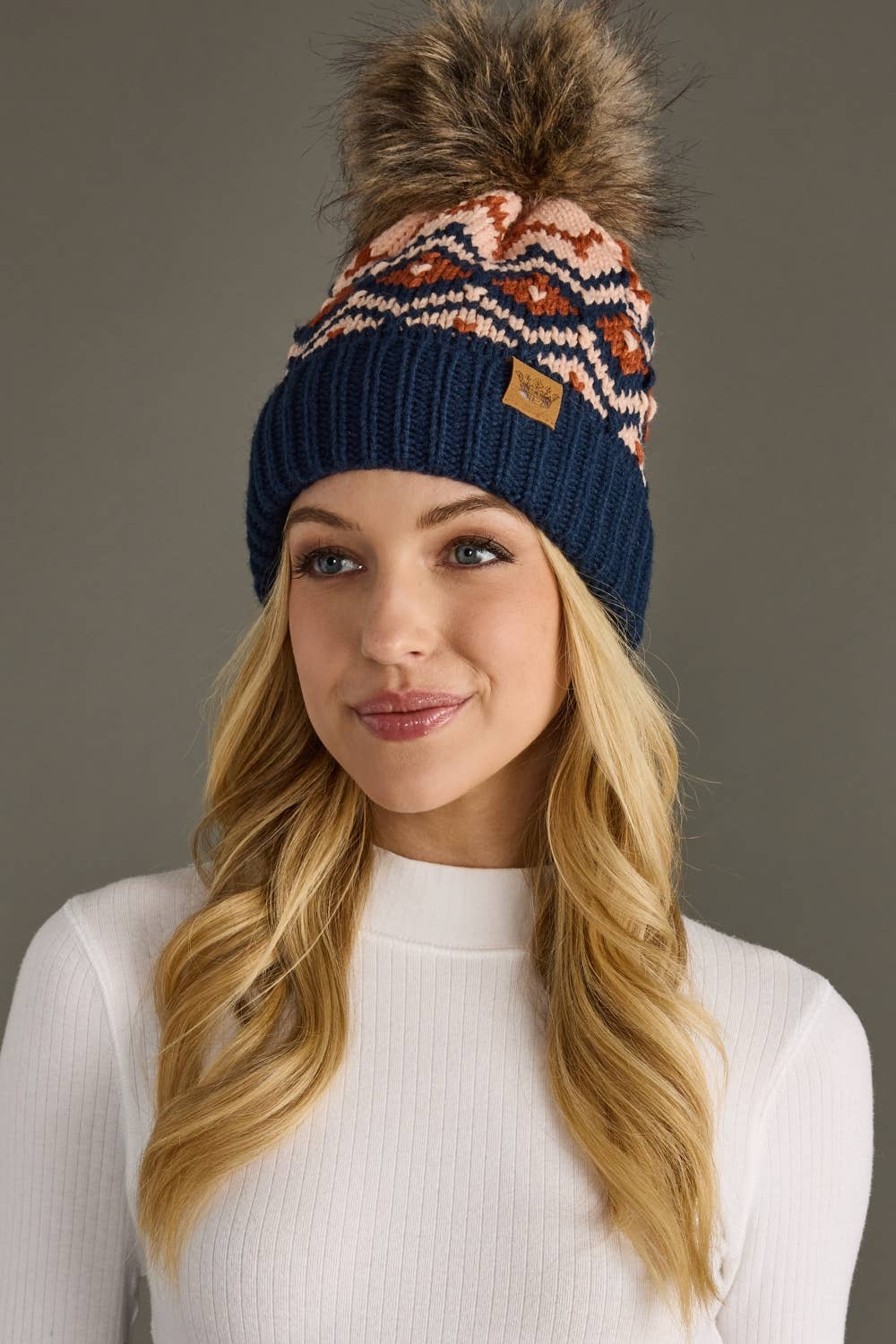 Navy, Rust & Pink Patterned Pom Hat