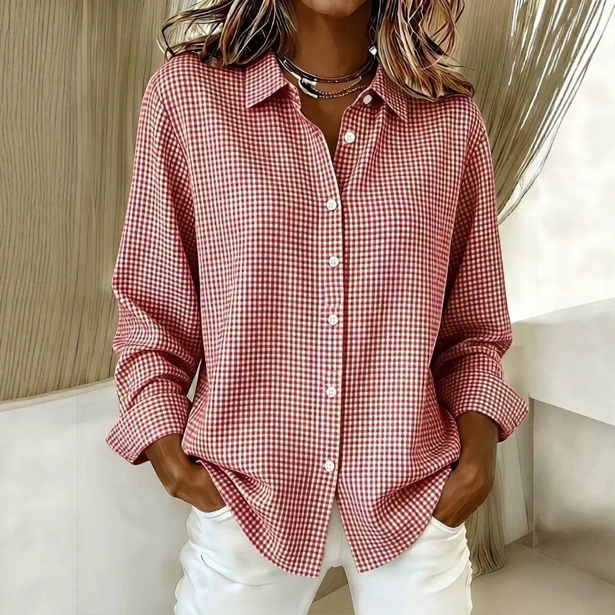 Women's Gingham Long Sleeve Button Down Shirt: Sage Green / 100%Polyester / S