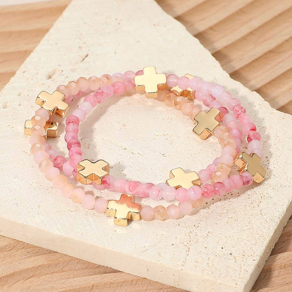 3PCS - Cross Charm Beaded Stretch Multi Layered Bracelets: Blue,Gold
