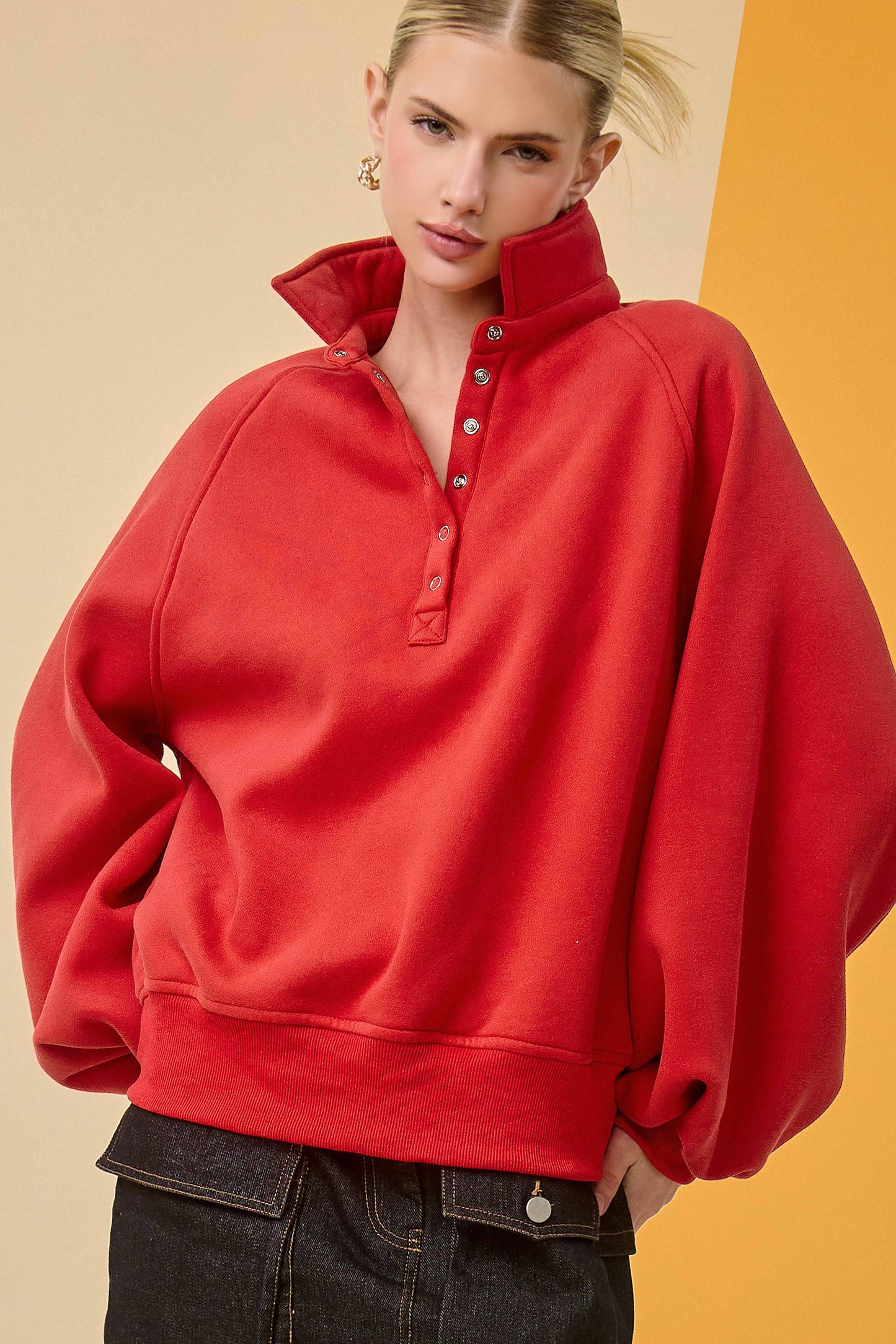 Fire Red Oversized Snap-Button Collared Mock Neck Sweatshirt