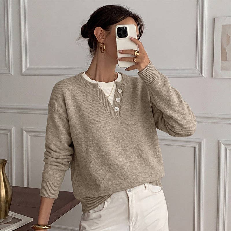 Colorblock Knit Sweater Relaxed Fit Long Sleeve Pullover: Khaki / 35% Polyamide+65% Acrylic / S