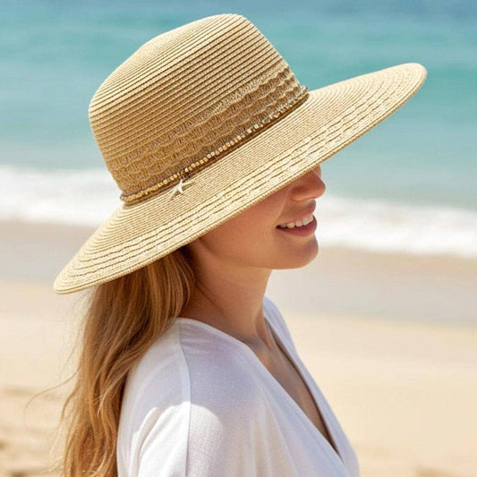 Starfish Charm Sequin band Wide Brim Straw Sun Hat: Tan