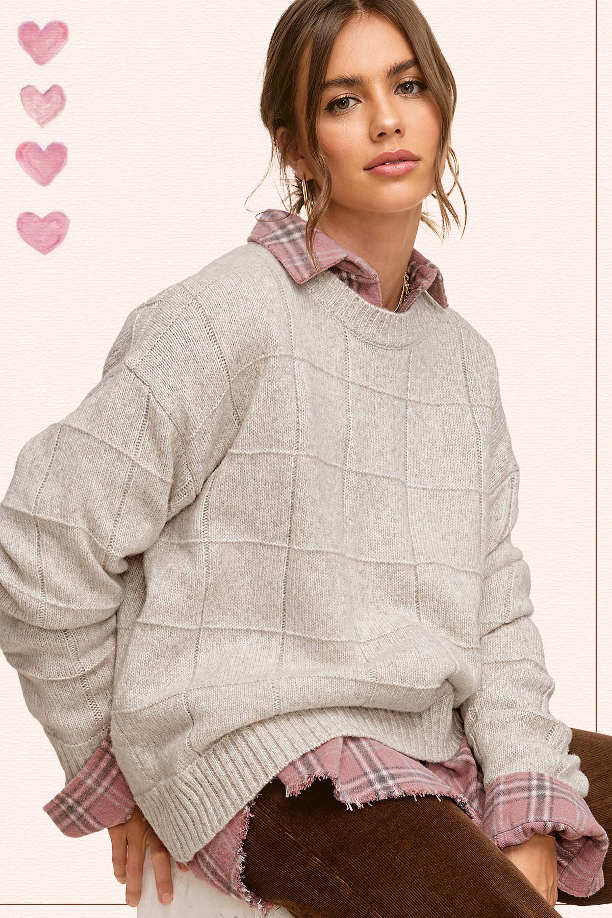 Oatmeal Windowpane Patterned Sweater