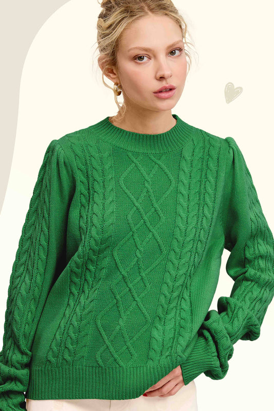 Pine Tree Green Soft Ribbed Crew Neck Cable Knit Sweater