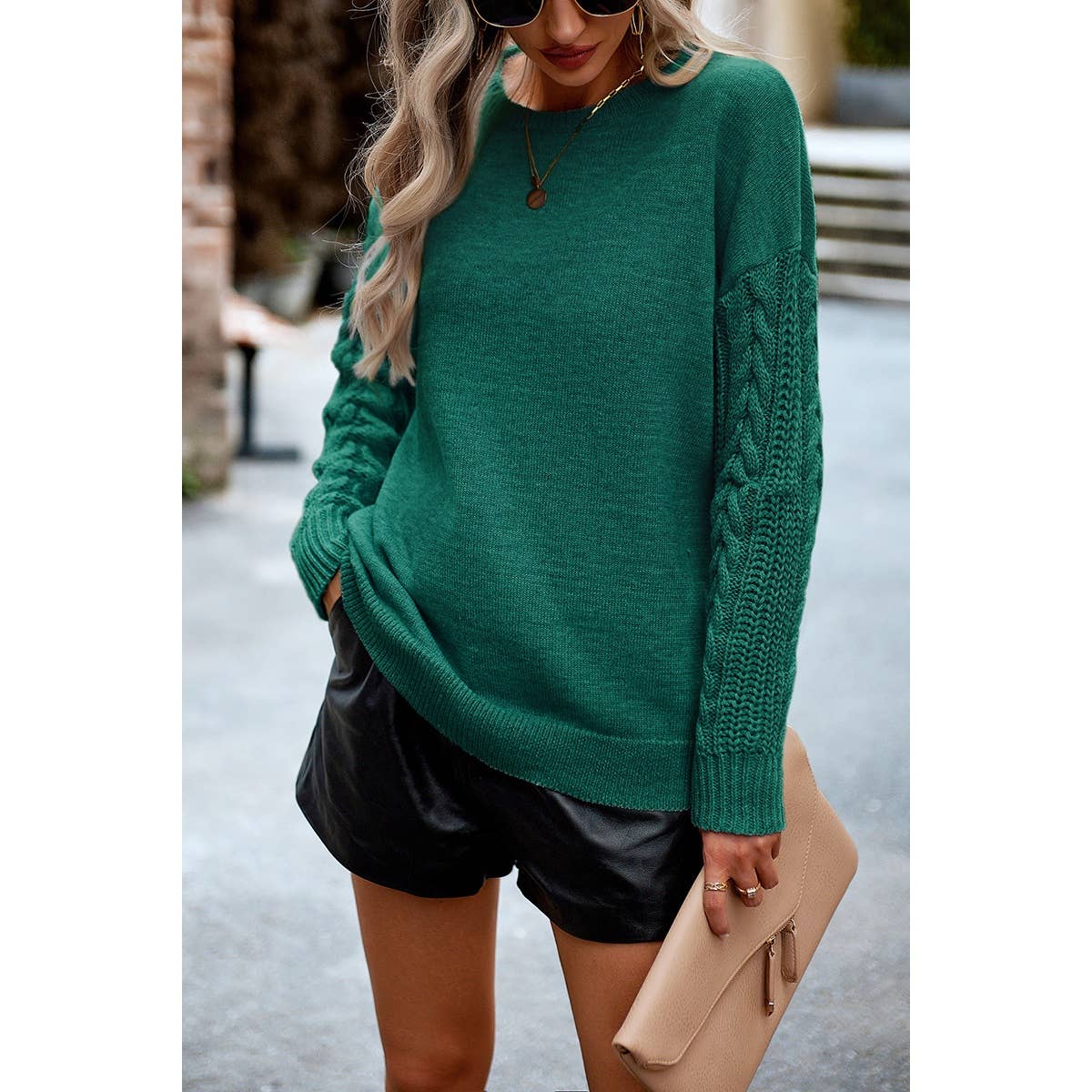 Knit Loose Fit Round Neck Cross Solid Sweater: Green