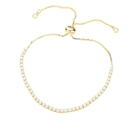 Stainless Steel CZ Stone Tennis Chain Pull Adjustable Bracelet