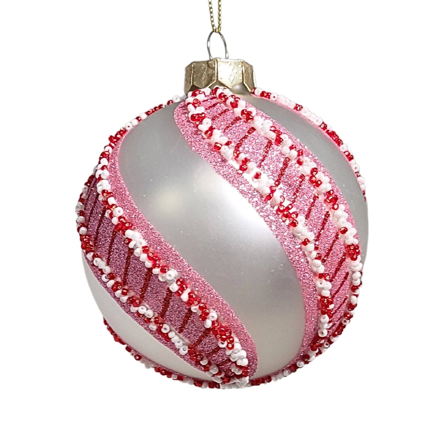 Pearl Glass Ball Orn. w/ Peppermint Stripe - Rd/Pk/W 4"