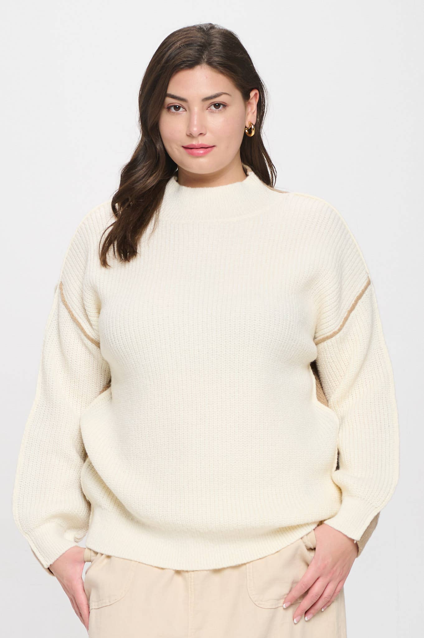 Ivory Colorblock Mock Neck Exposed Seam Sweater Plus Sized