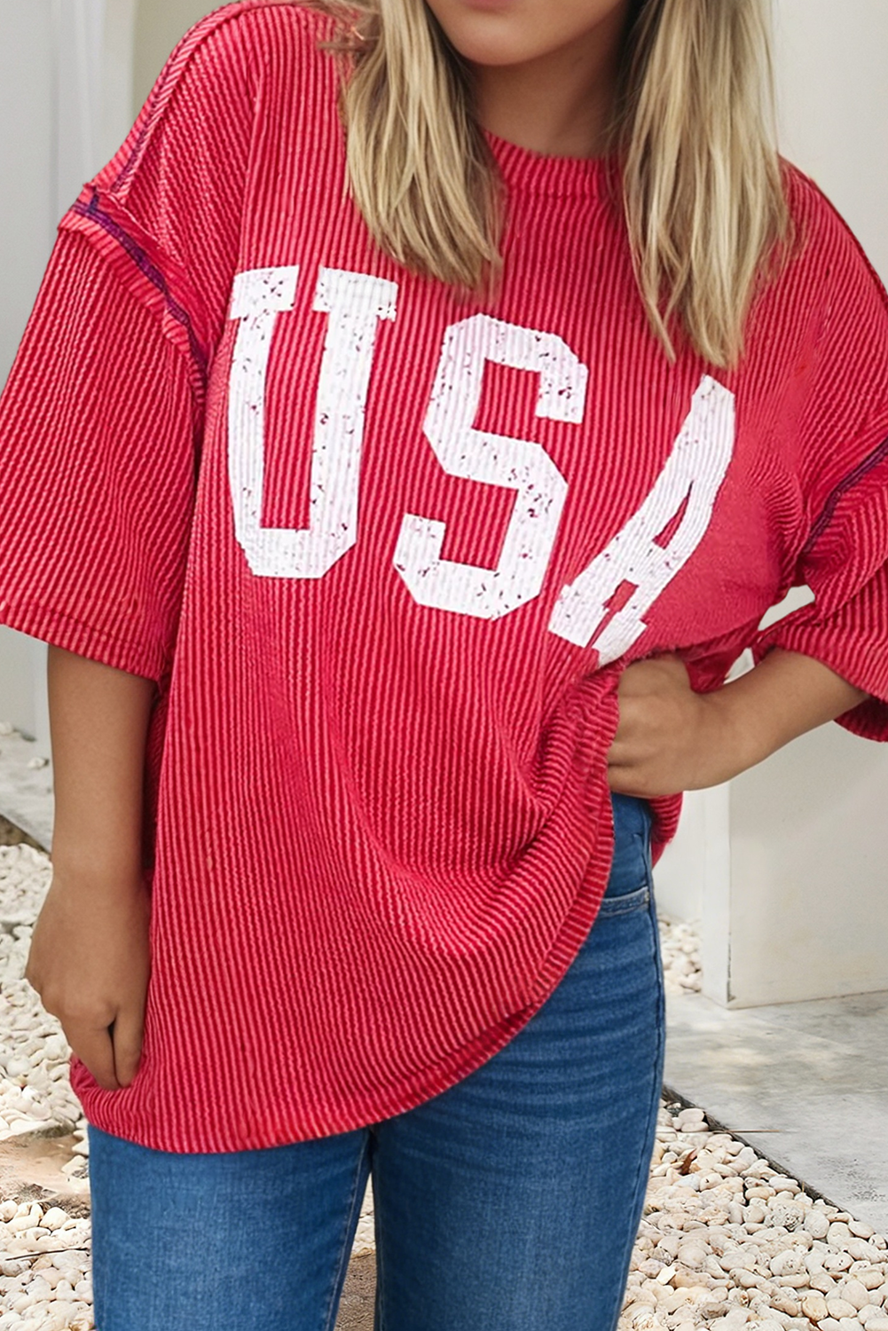 Fiery Red USA Graphic Half Sleeve Loose Ribbed Top