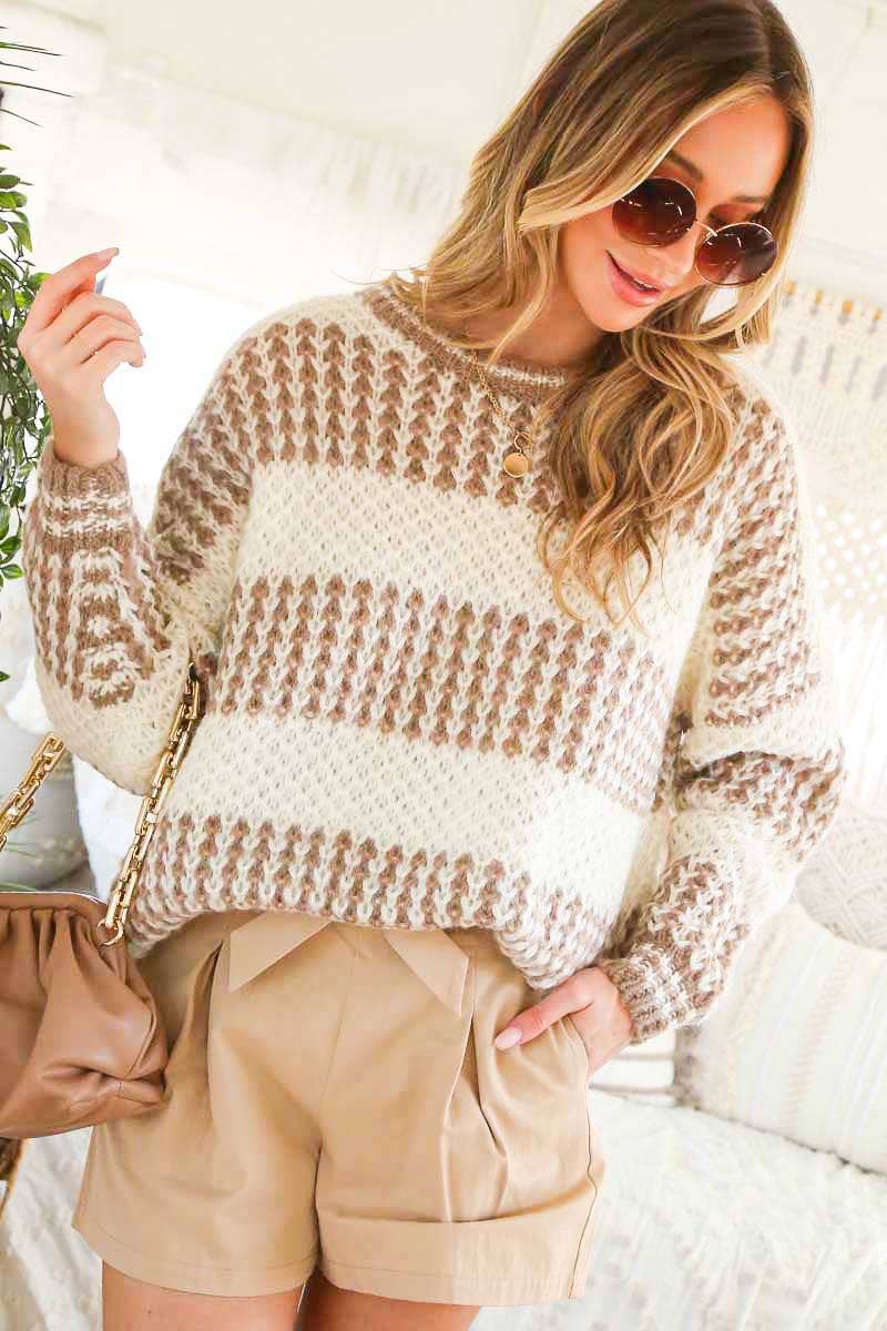 Mocha Round Neck Color Blocked sweater