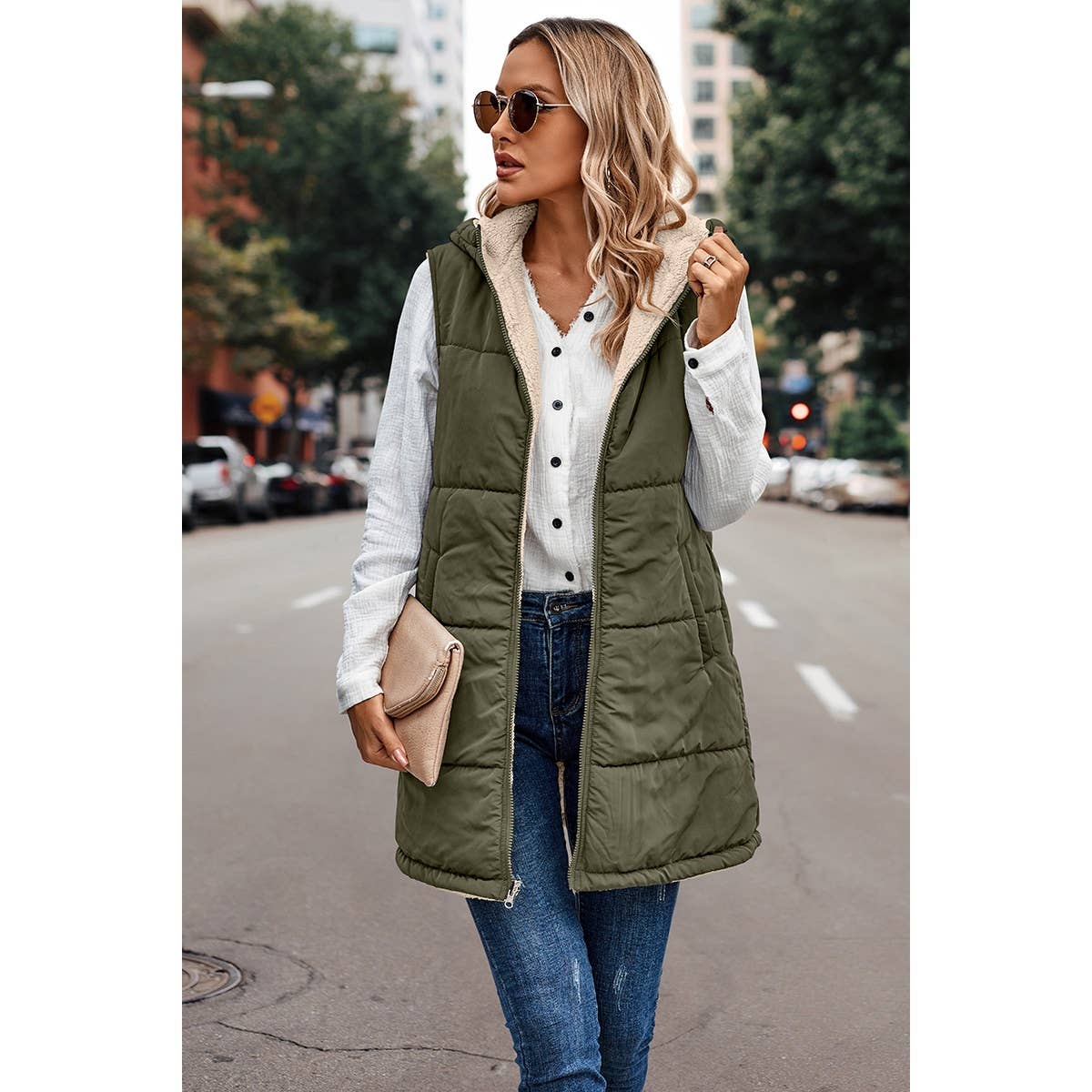 Olive Faux Fur Zipper Front Open Pockets Coat