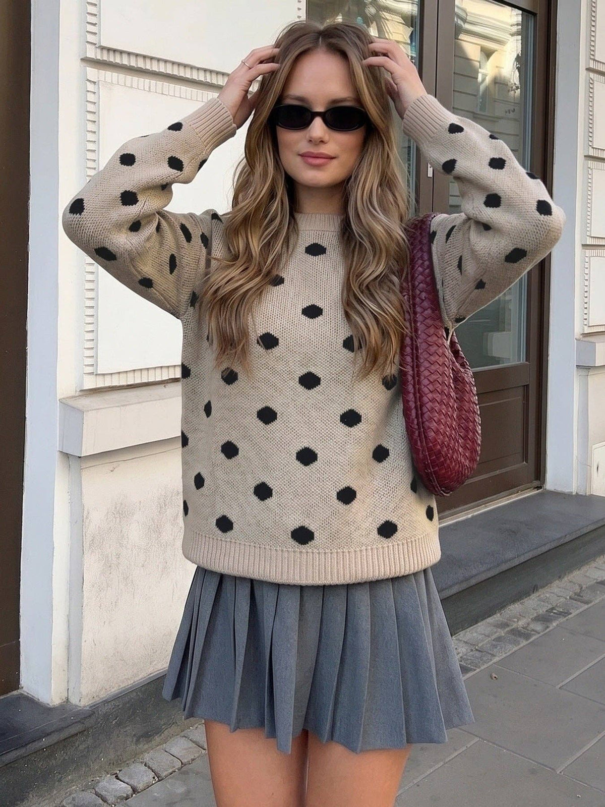 Women's Oversized Polka Dot Crewneck Casual Knit Sweater: Khaki / 45% Acrylic +26%polyamide +29%Polyester / S