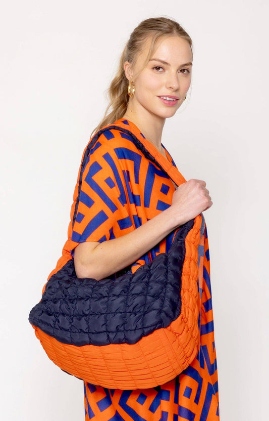 Navy & Orange Large Quilted Puffer Shoulder Bag