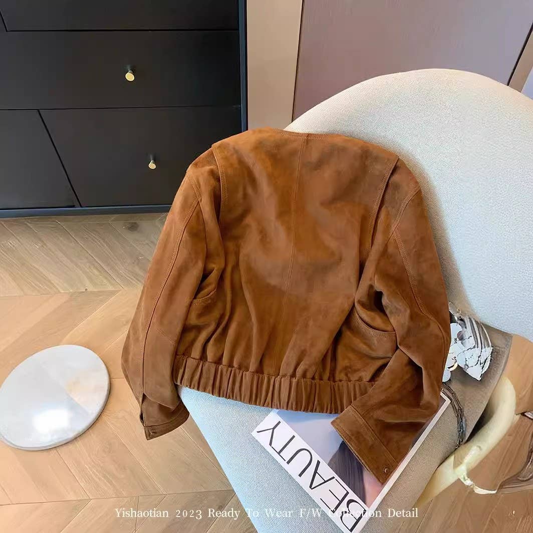 Loose Fit Casual Cropped Jacket: Brown / S