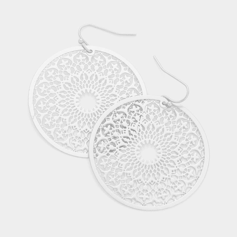 Filigree Brass Metal Round Dangle Earrings: Rhodium