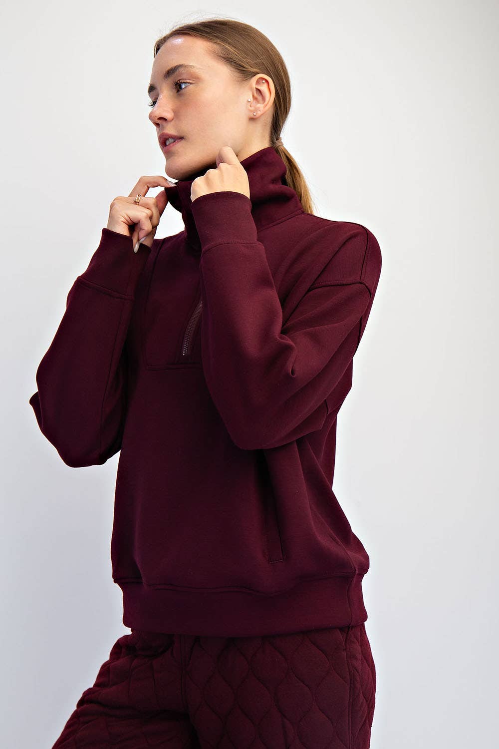 Dark Cherry Modal Scuba Quarter Zip Funnel Neck Pullover