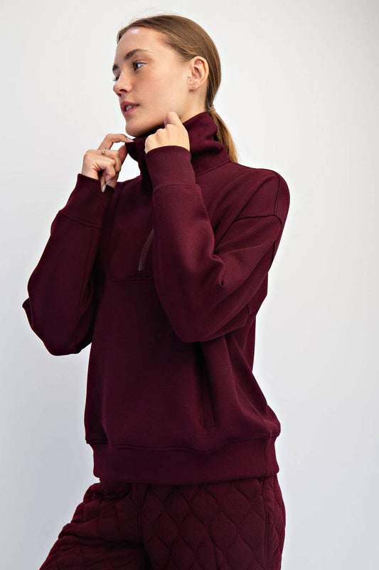 Dark Cherry Modal Scuba Quarter Zip Funnel Neck Pullover