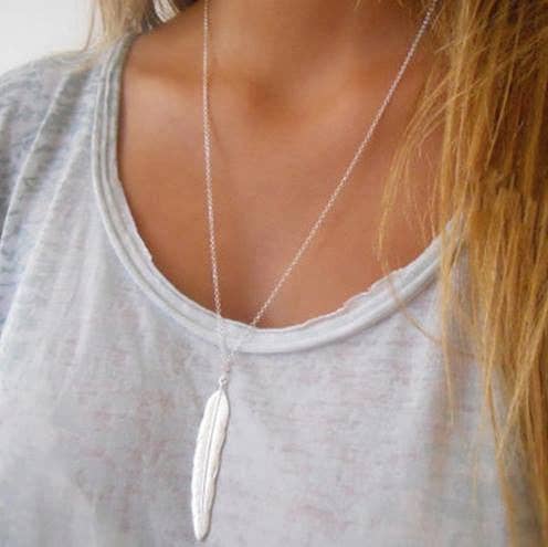 Long Feather Necklace: Silver