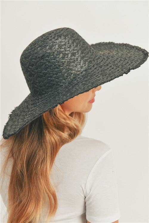 SALE Black Floppy Straw Sun Hat with Frayed Edges