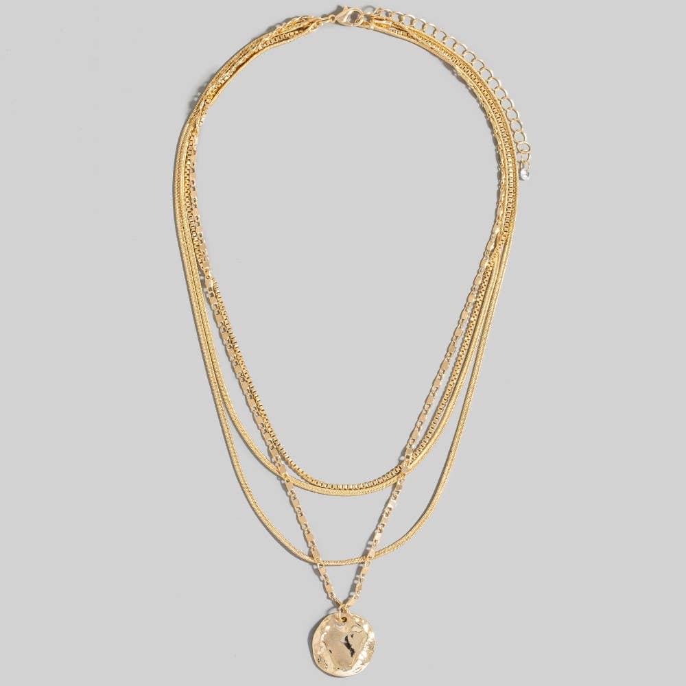 Hammered Gold Coin Pendant Layered Chains Necklace