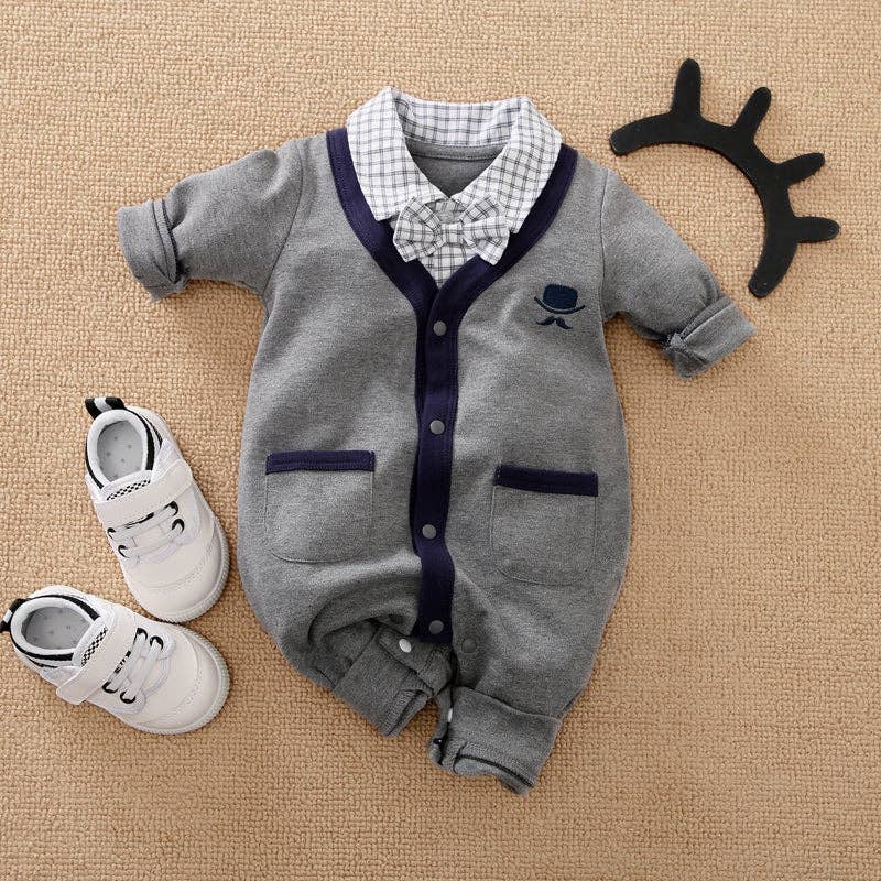 Gray  Plaid Lapel Bowtie Faux-two Baby Jumpsuit