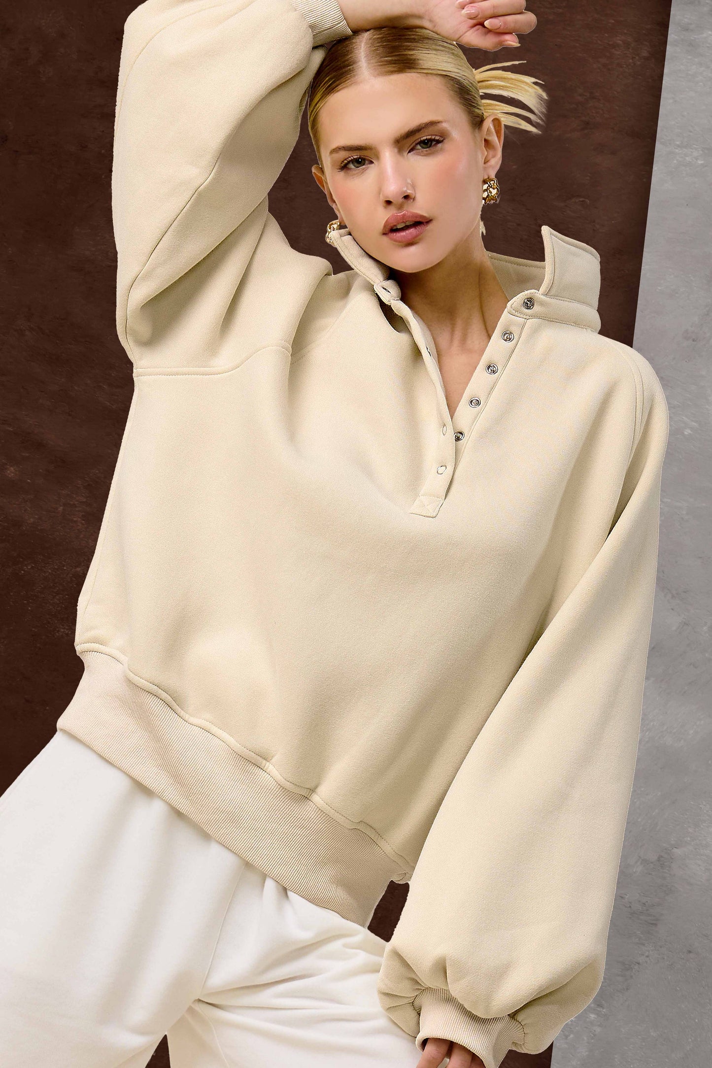 Fire Red Oversized Snap-Button Collared Mock Neck Sweatshirt