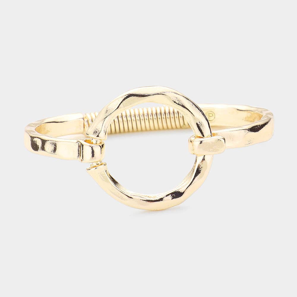 Hammered Open Metal Circle Hook Bracelet: WORN SILVER