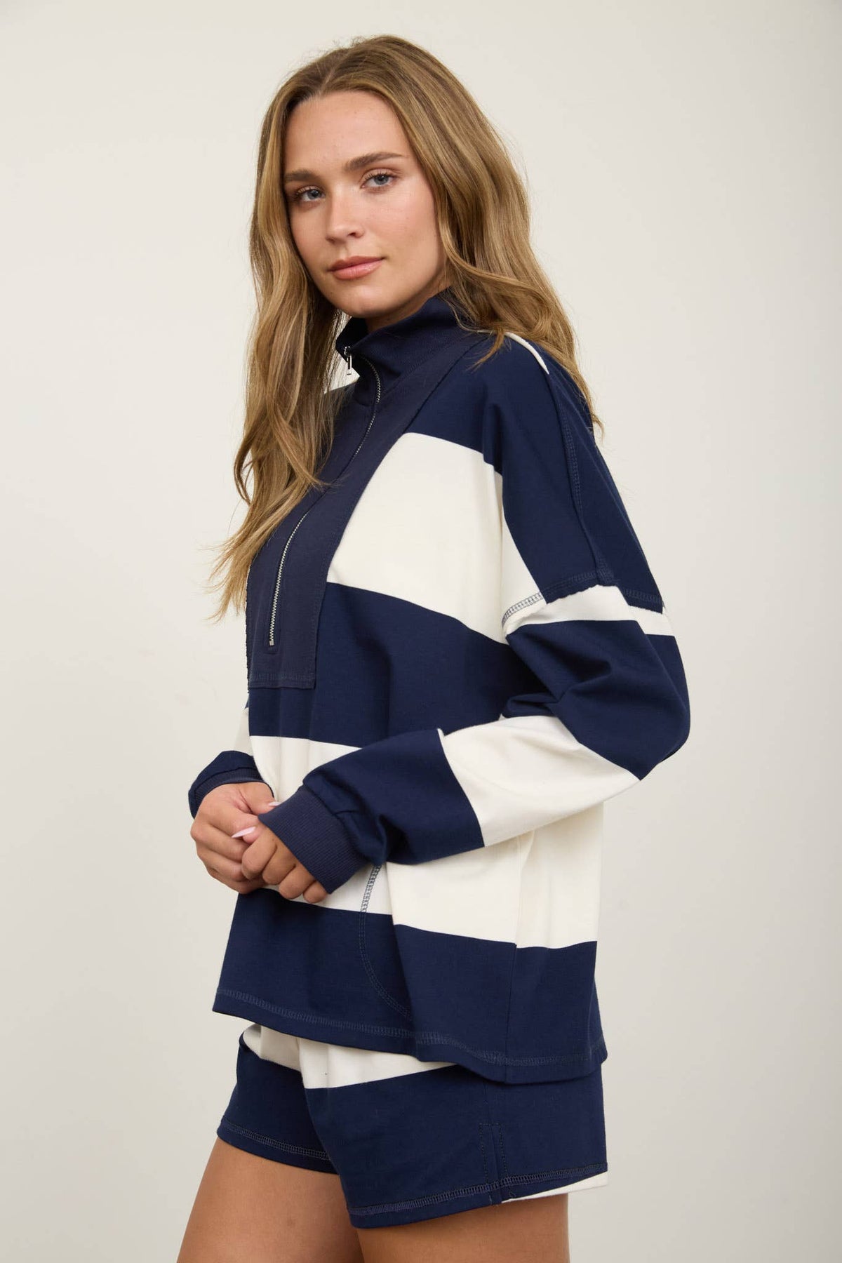 Brown Wide Stripe Half Zip Long Sleeve Top.