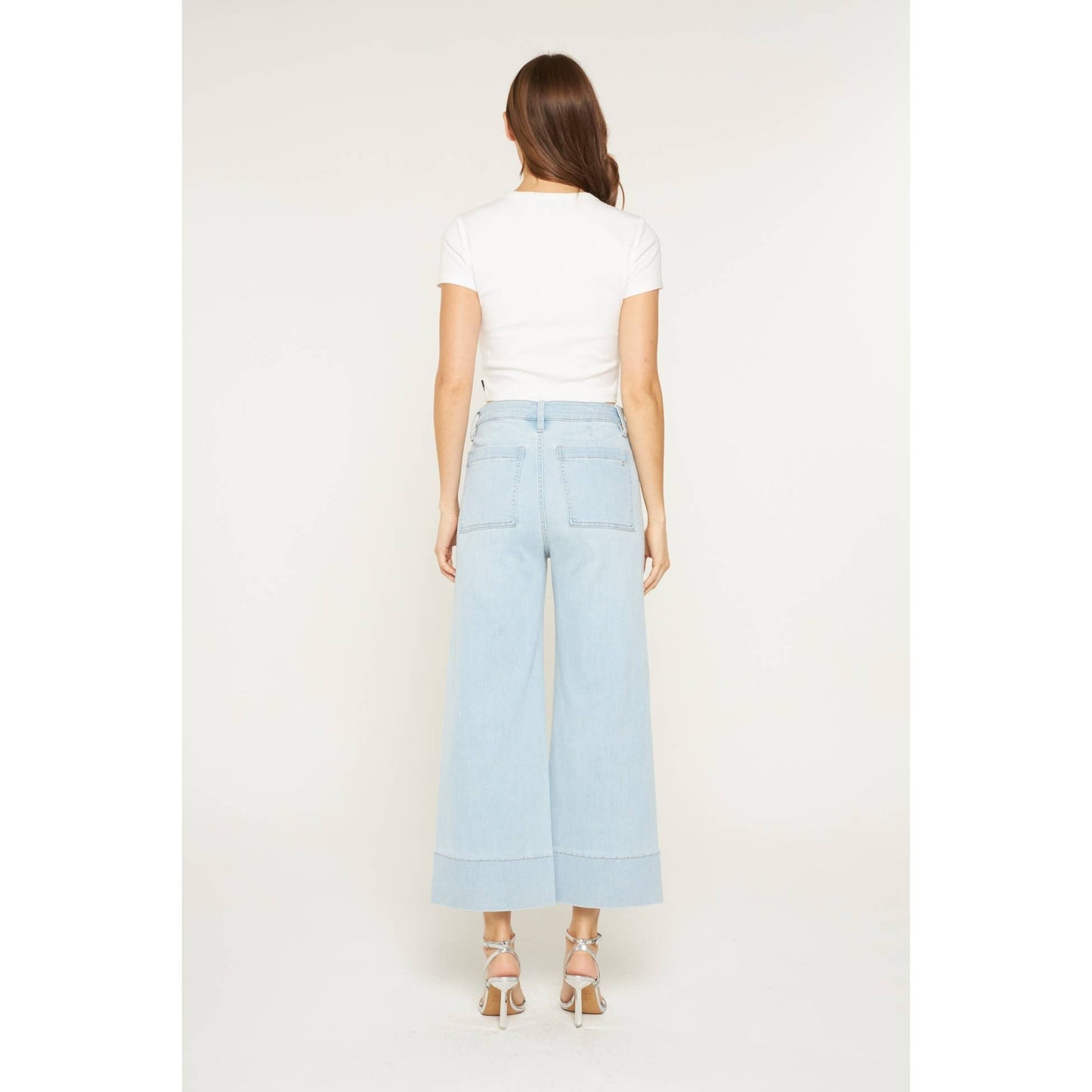 Mica Denim High Rise Cropped Wide Leg Patch Pocket: Blue Grey