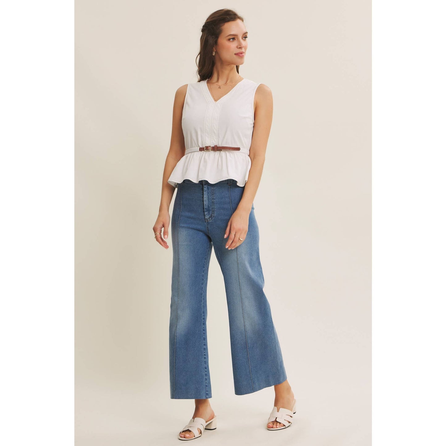 CLASSIC WORKWEAR BELTED COTTON TOP WITH CONTRAST STITCH: OFF WHITE / S