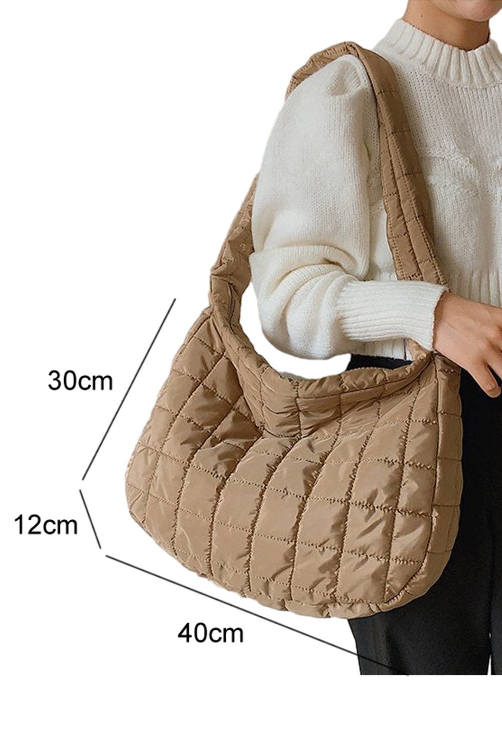 Quilted Zipper Large Shoulder Bag: Light French Beige