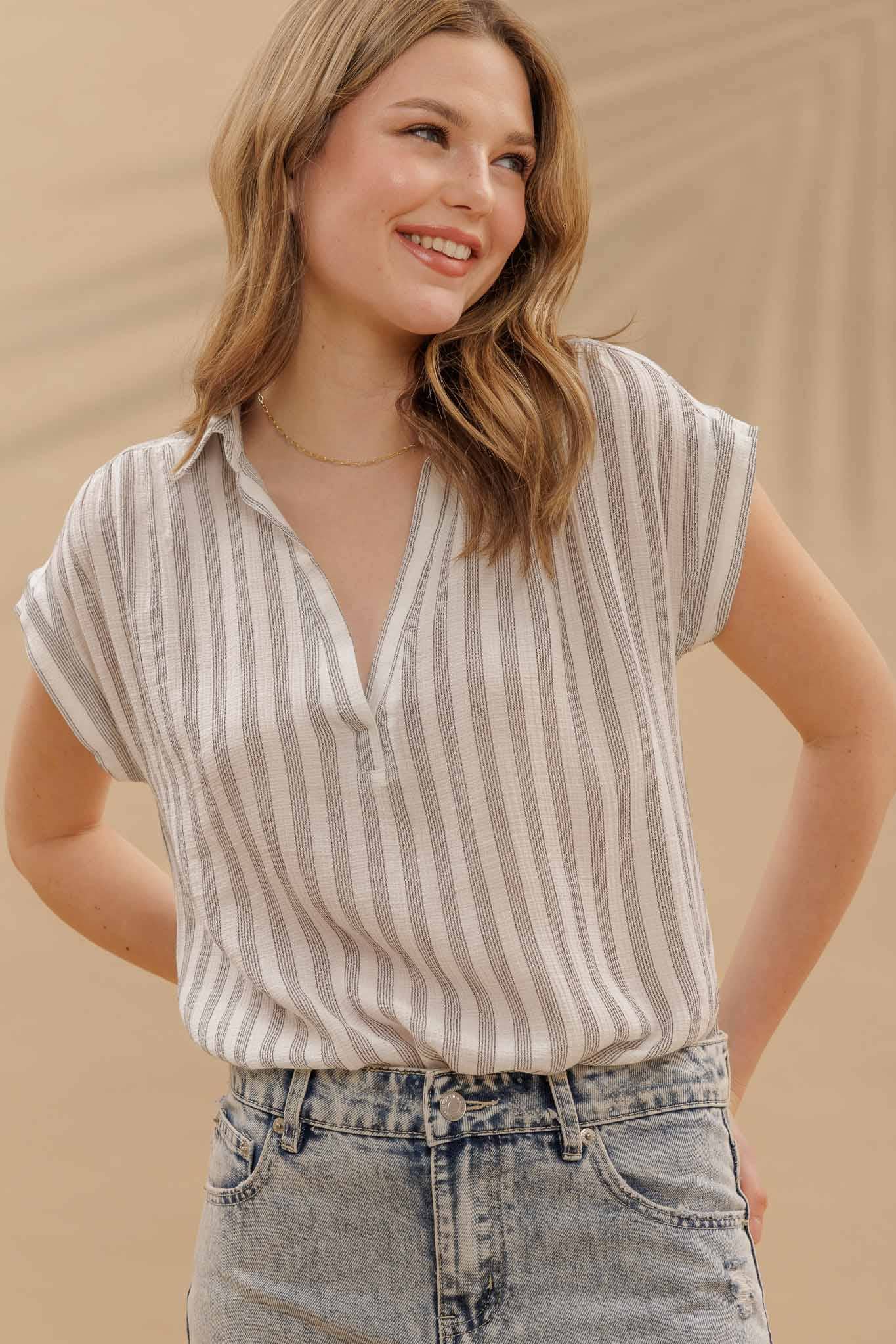 Black & White Stripe Collared Cuff Sleeve Lightweight Shirt
