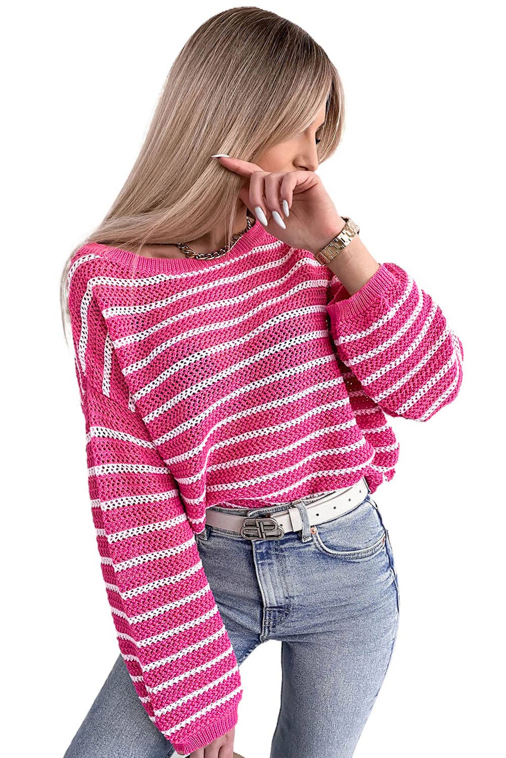 SALE Rose Drop Shoulder Contrasting Striped Sweater